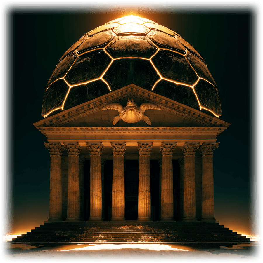 TURTLE BANK — a stone bank building roofed with a glowing turtle-shell dome, standing on a night shoreline